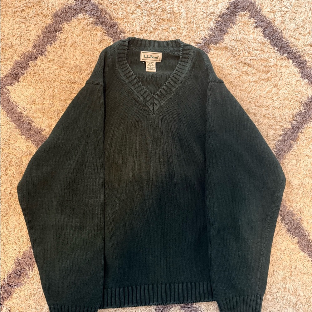 L.L. Bean Green V-Neck Sweater with Ribbed Detailing
